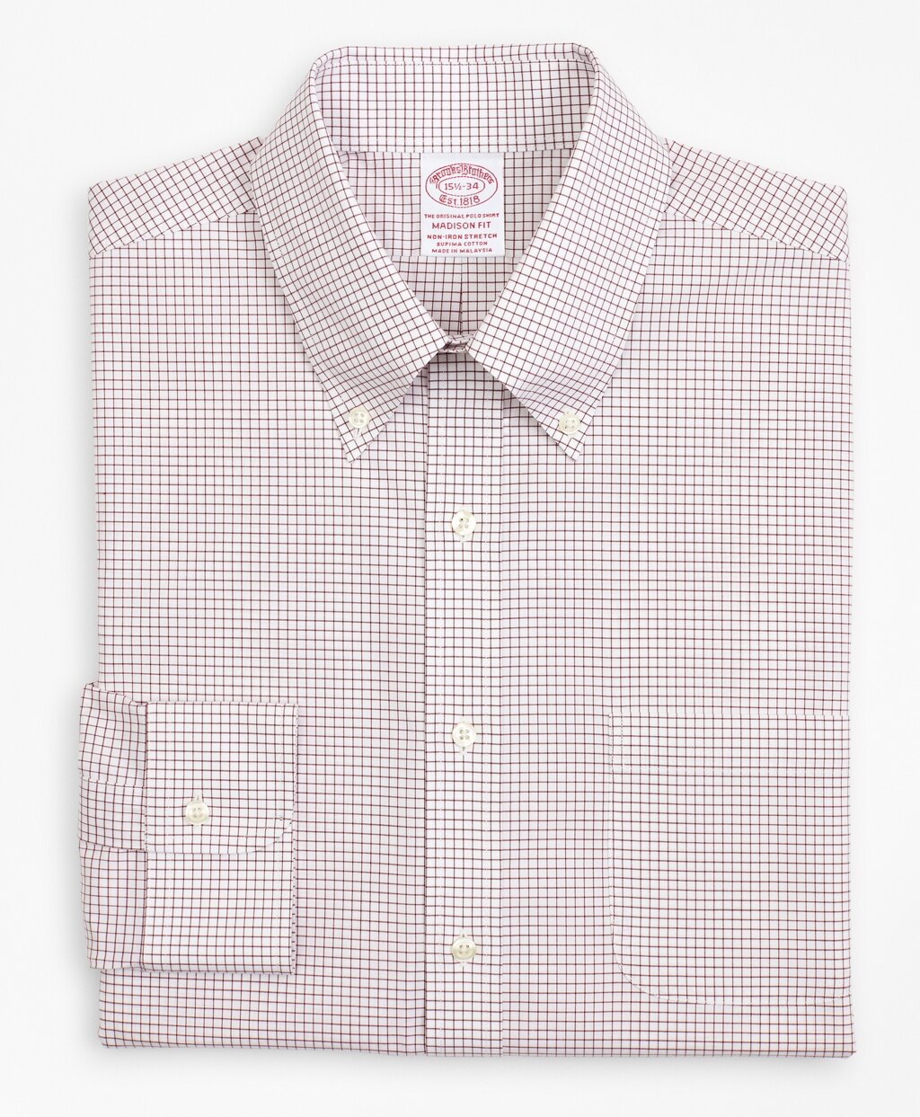 Brooks Brothers Men Stretch Madison Classic-Fit Dress Shirt, Non-Iron Poplin Button-Down Collar Small Grid Check