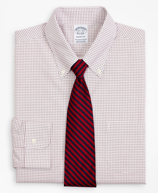 Brooks Brothers Men Stretch Regent Fitted Dress Shirt, Non-Iron Poplin Button-Down Collar Small Grid Check