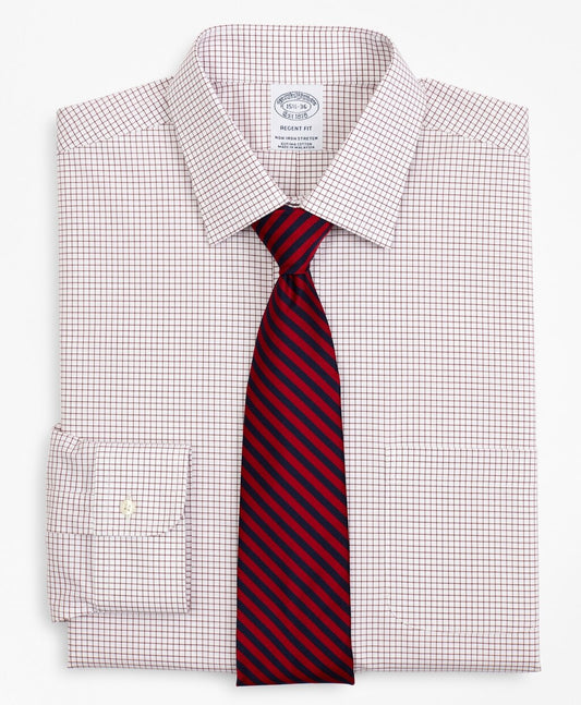 Brooks Brothers Men Stretch Regent Fitted Dress Shirt, Non-Iron Poplin Ainsley Collar Small Grid Check