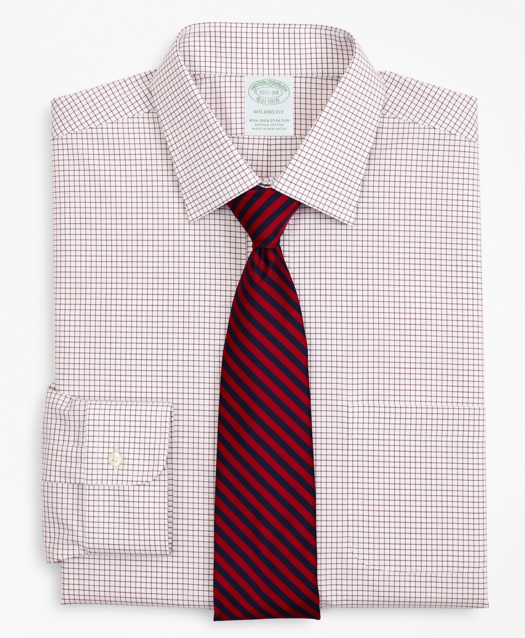 Brooks Brothers Men Stretch Milano Slim-Fit Dress Shirt, Non-Iron Poplin Ainsley Collar Small Grid Check