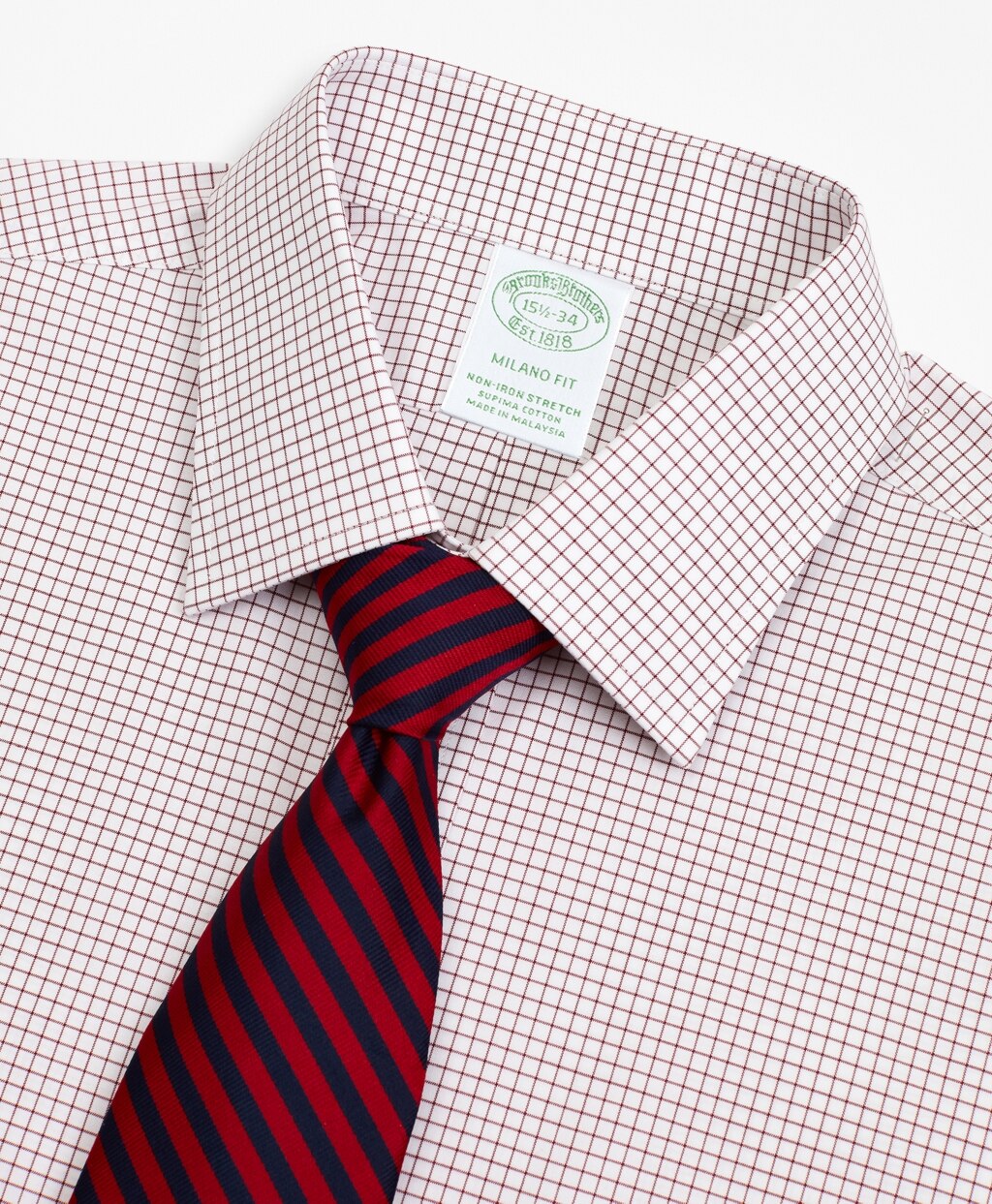 Brooks Brothers Men Stretch Milano Slim-Fit Dress Shirt, Non-Iron Poplin Ainsley Collar Small Grid Check