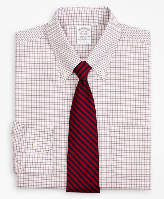 Brooks Brothers Men Stretch Soho Extra-Slim-Fit Dress Shirt, Non-Iron Poplin Button-Down Collar Small Grid Check