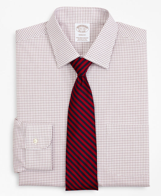 Brooks Brothers Men Stretch Soho Extra-Slim-Fit Dress Shirt, Non-Iron Poplin Ainsley Collar Small Grid Check