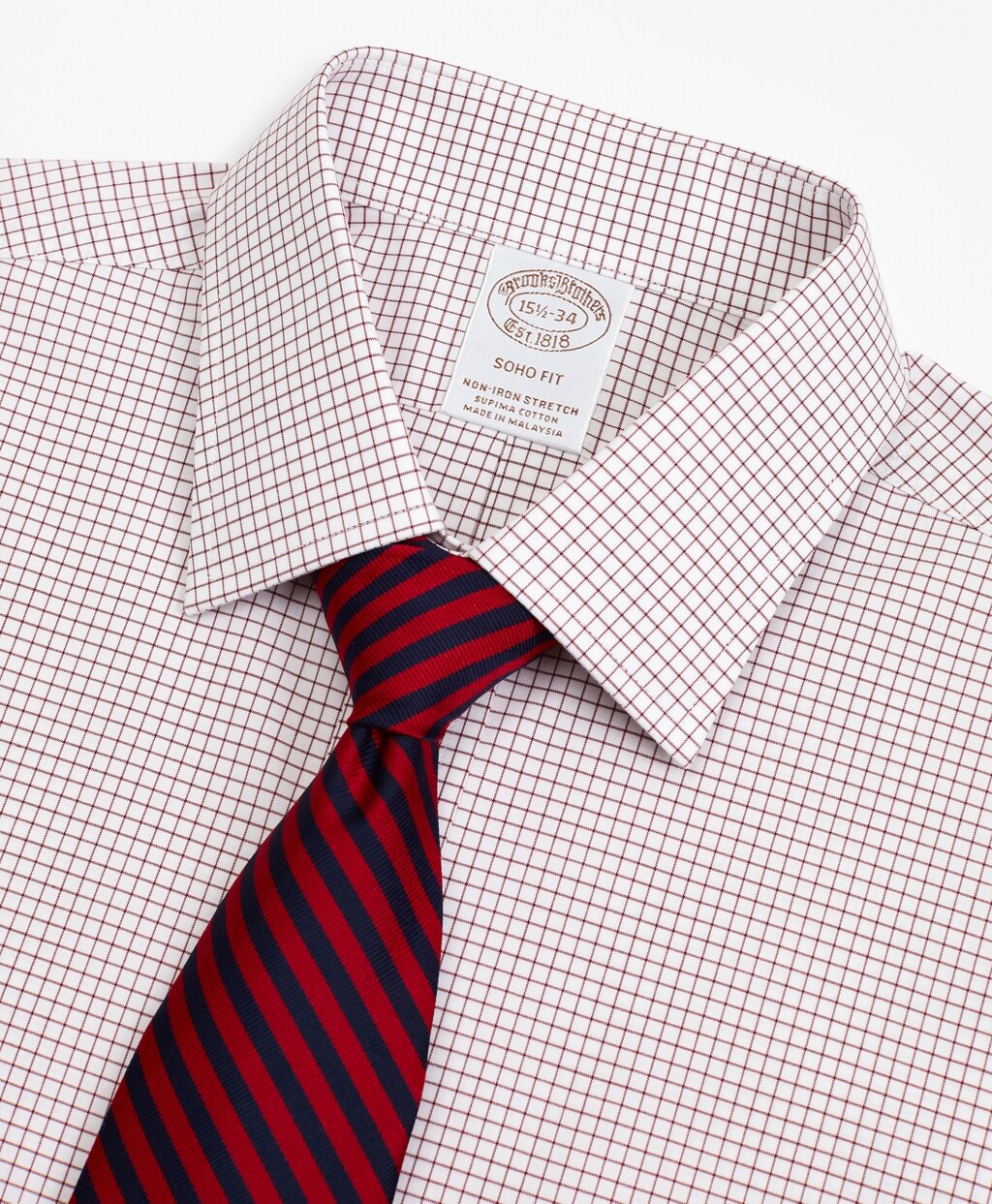 Brooks Brothers Men Stretch Soho Extra-Slim-Fit Dress Shirt, Non-Iron Poplin Ainsley Collar Small Grid Check