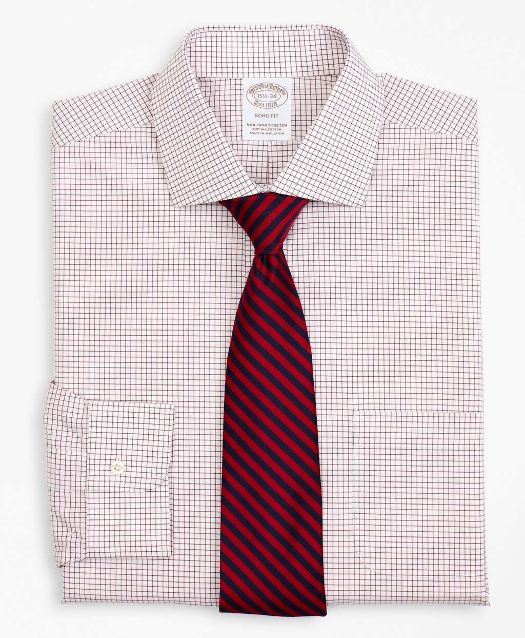 Brooks Brothers Men Stretch Soho Extra-Slim-Fit Dress Shirt, Non-Iron Poplin English Collar Small Grid Check