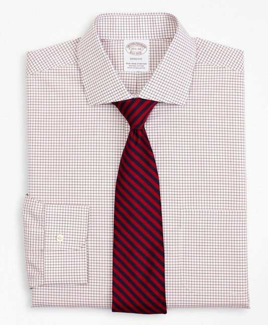 Brooks Brothers Men Stretch Soho Extra-Slim-Fit Dress Shirt, Non-Iron Poplin English Collar Small Grid Check