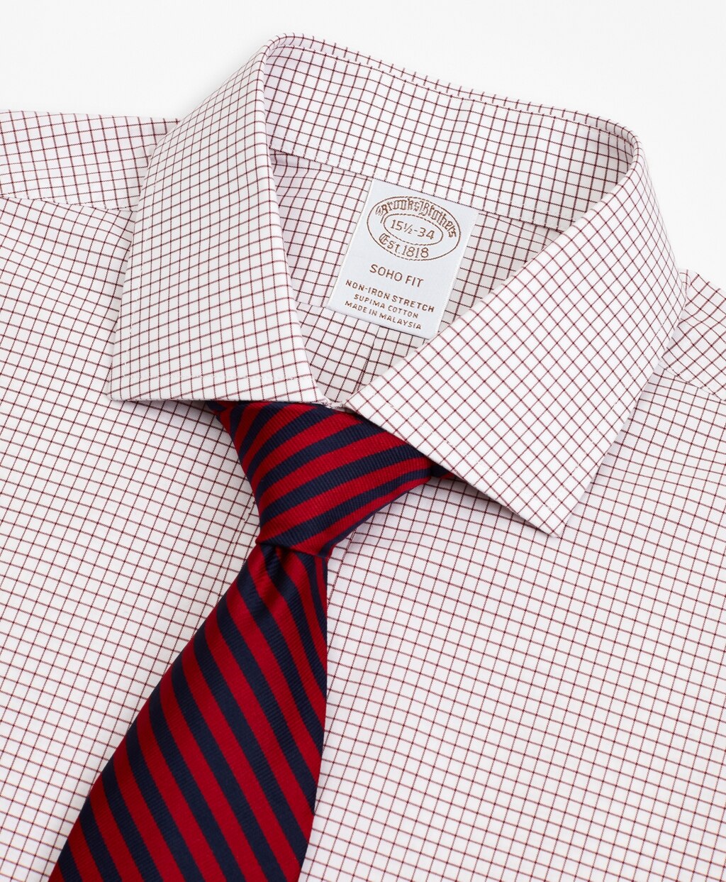 Brooks Brothers Men Stretch Soho Extra-Slim-Fit Dress Shirt, Non-Iron Poplin English Collar Small Grid Check