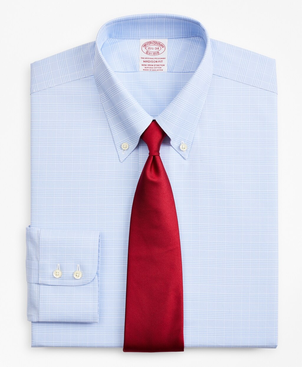 Brooks Brothers Men Stretch Madison Classic-Fit Dress Shirt, Non-Iron Royal Oxford Button-Down Collar Glen Plaid