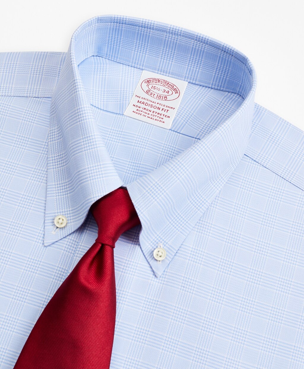 Brooks Brothers Men Stretch Madison Classic-Fit Dress Shirt, Non-Iron Royal Oxford Button-Down Collar Glen Plaid