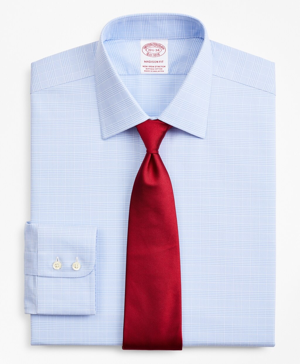 Brooks Brothers Men Stretch Madison Classic-Fit Dress Shirt, Non-Iron Royal Oxford Ainsley Collar Glen Plaid