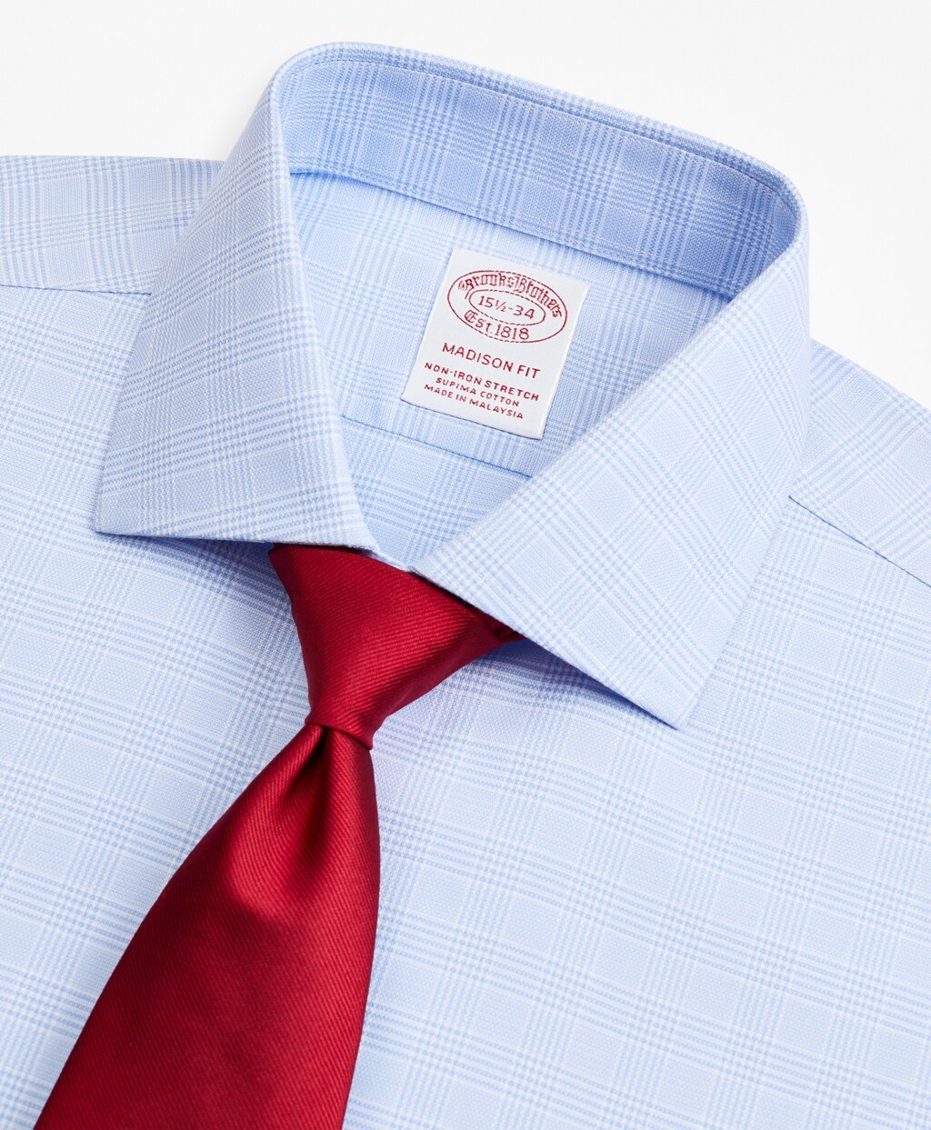 Brooks Brothers Men Stretch Madison Classic-Fit Dress Shirt, Non-Iron Royal Oxford English Collar Glen Plaid
