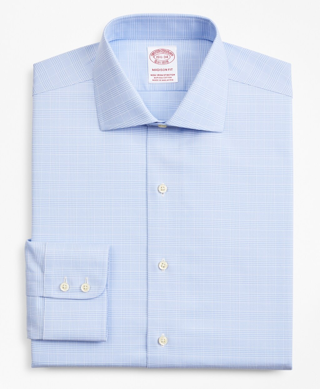 Brooks Brothers Men Stretch Madison Classic-Fit Dress Shirt, Non-Iron Royal Oxford English Collar Glen Plaid