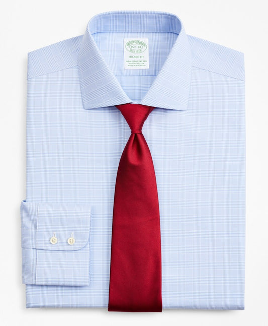 Brooks Brothers Men Stretch Milano Slim-Fit Dress Shirt, Non-Iron Royal Oxford English Collar Glen Plaid