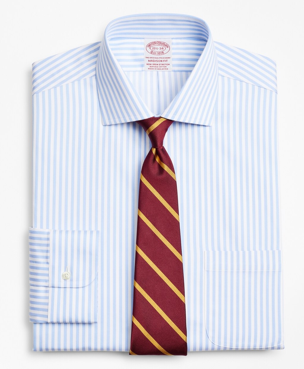 Brooks Brothers Men Stretch Madison Classic-Fit Dress Shirt, Non-Iron Twill English Collar Bold Stripe
