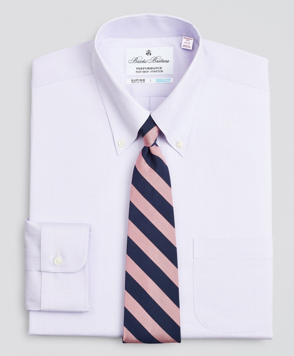 Brooks Brothers Men Madison Classic-Fit Dress Shirt, Performance Non-Iron with COOLMAX®, Button-Down Collar Twill Check