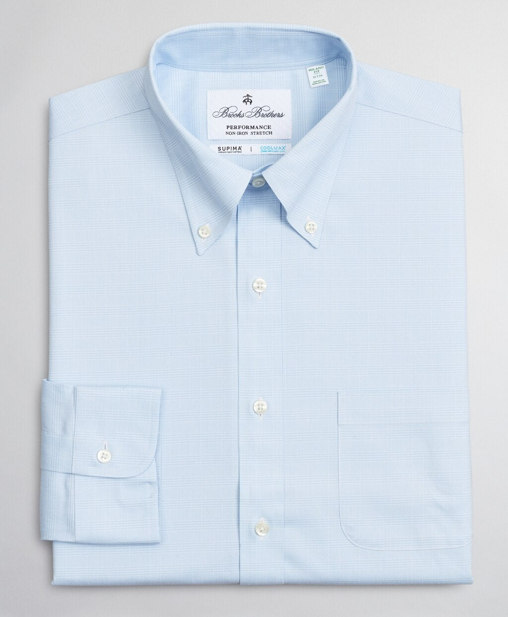 Brooks Brothers Men Milano Slim-Fit Dress Shirt, Performance Non-Iron with COOLMAX®, Button-Down Collar Twill Check