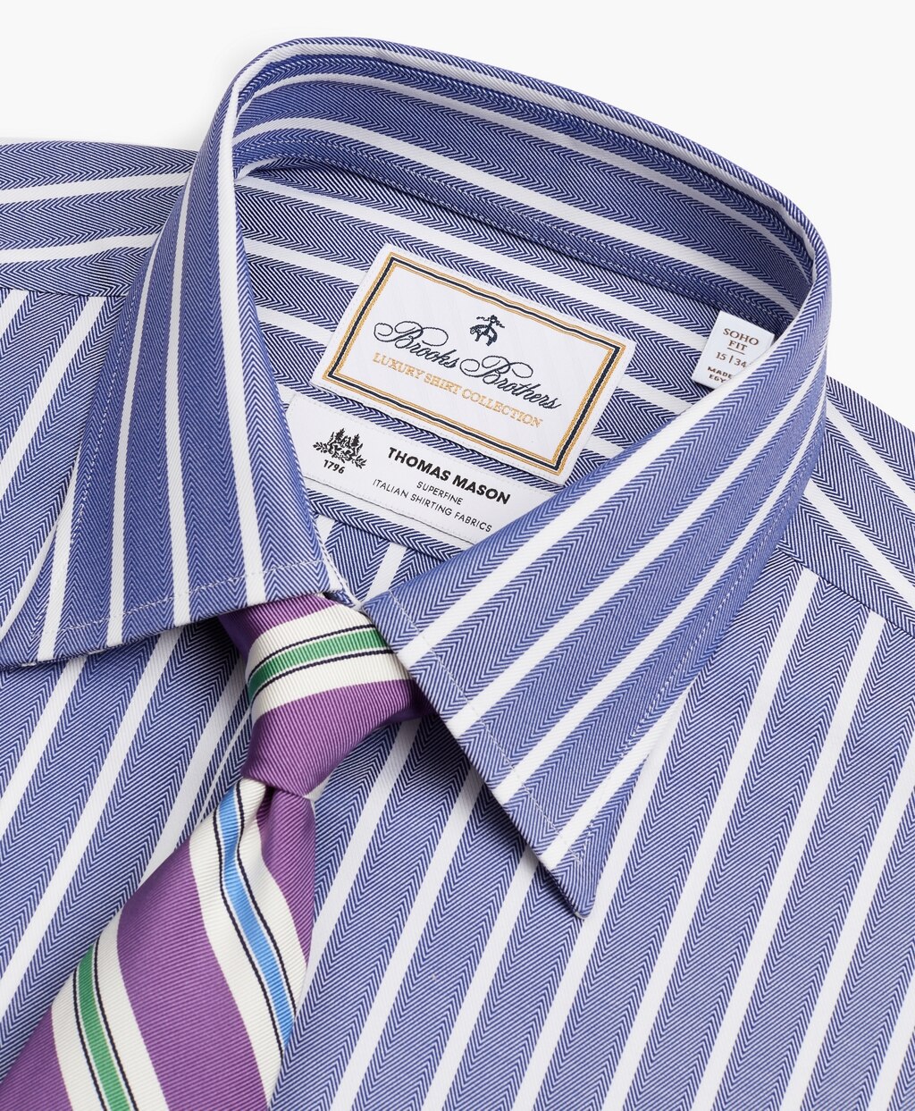 Brooks Brothers Men Luxury Collection Soho Extra-Slim-Fit Dress Shirt, Franklin Spread Collar Herringbone Wide Stripe