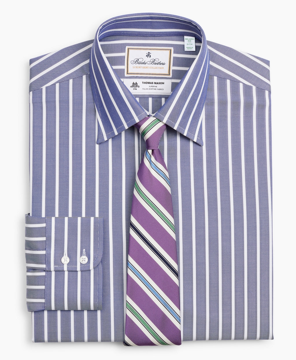 Brooks Brothers Men Luxury Collection Milano Slim-Fit Dress Shirt, Franklin Spread Collar Herringbone Wide Stripe
