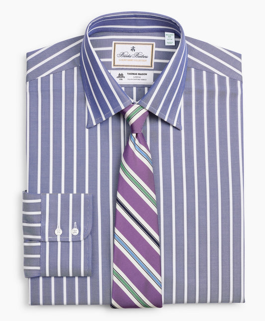 Brooks Brothers Men Luxury Collection Milano Slim-Fit Dress Shirt, Franklin Spread Collar Herringbone Wide Stripe