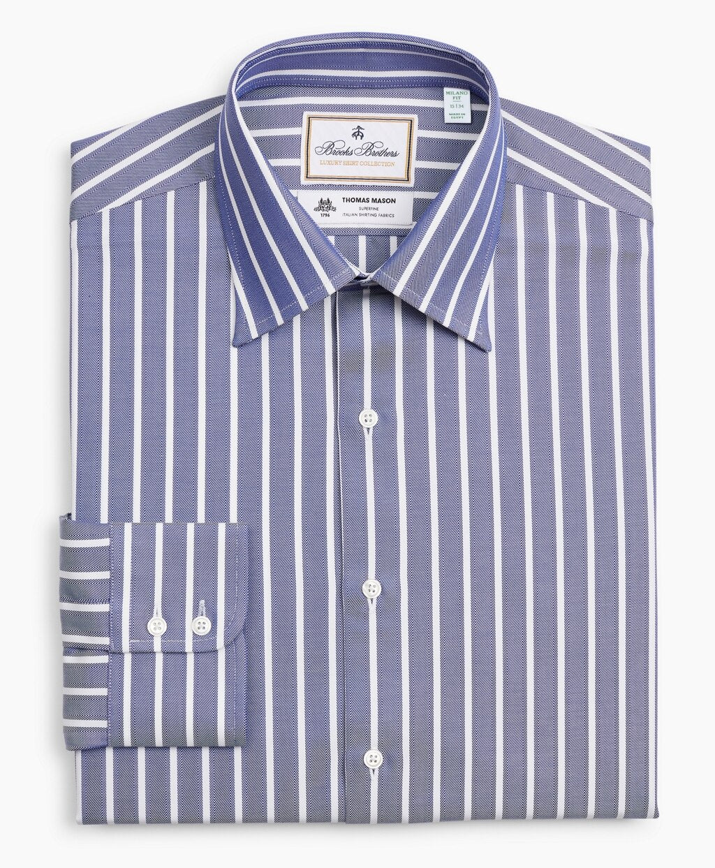 Brooks Brothers Men Luxury Collection Milano Slim-Fit Dress Shirt, Franklin Spread Collar Herringbone Wide Stripe