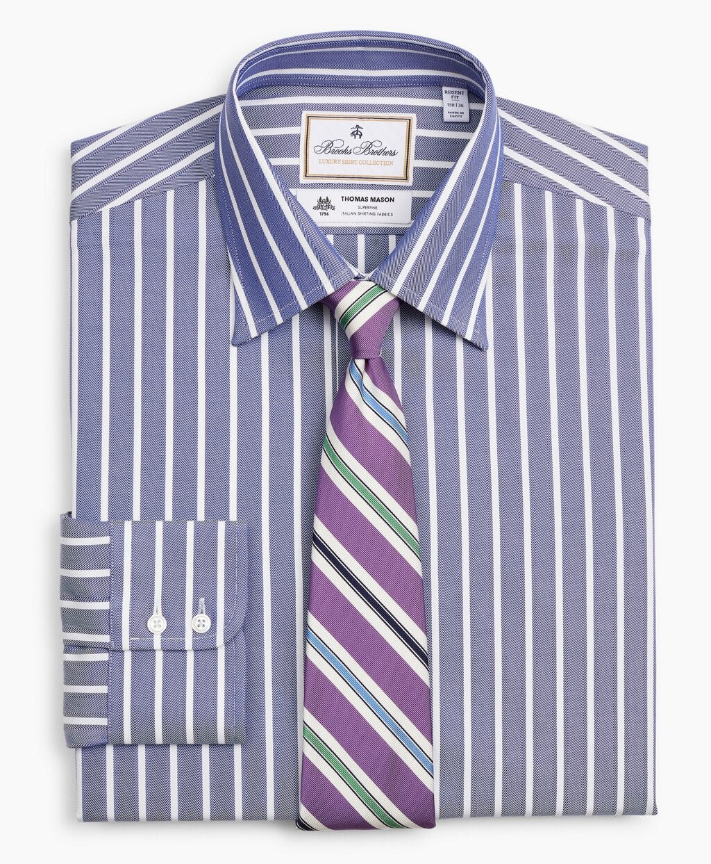 Brooks Brothers Men Luxury Collection Regent Fitted Dress Shirt, Franklin Spread Collar Herringbone Wide Stripe