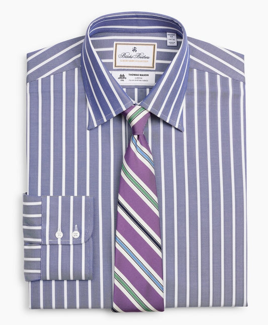 Brooks Brothers Men Luxury Collection Regent Fitted Dress Shirt, Franklin Spread Collar Herringbone Wide Stripe