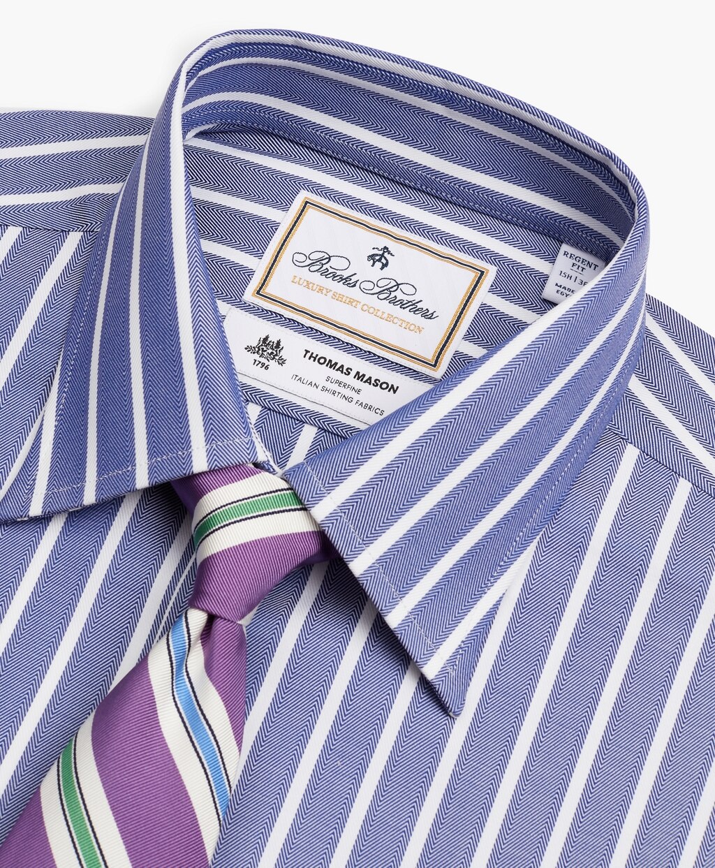 Brooks Brothers Men Luxury Collection Regent Fitted Dress Shirt, Franklin Spread Collar Herringbone Wide Stripe