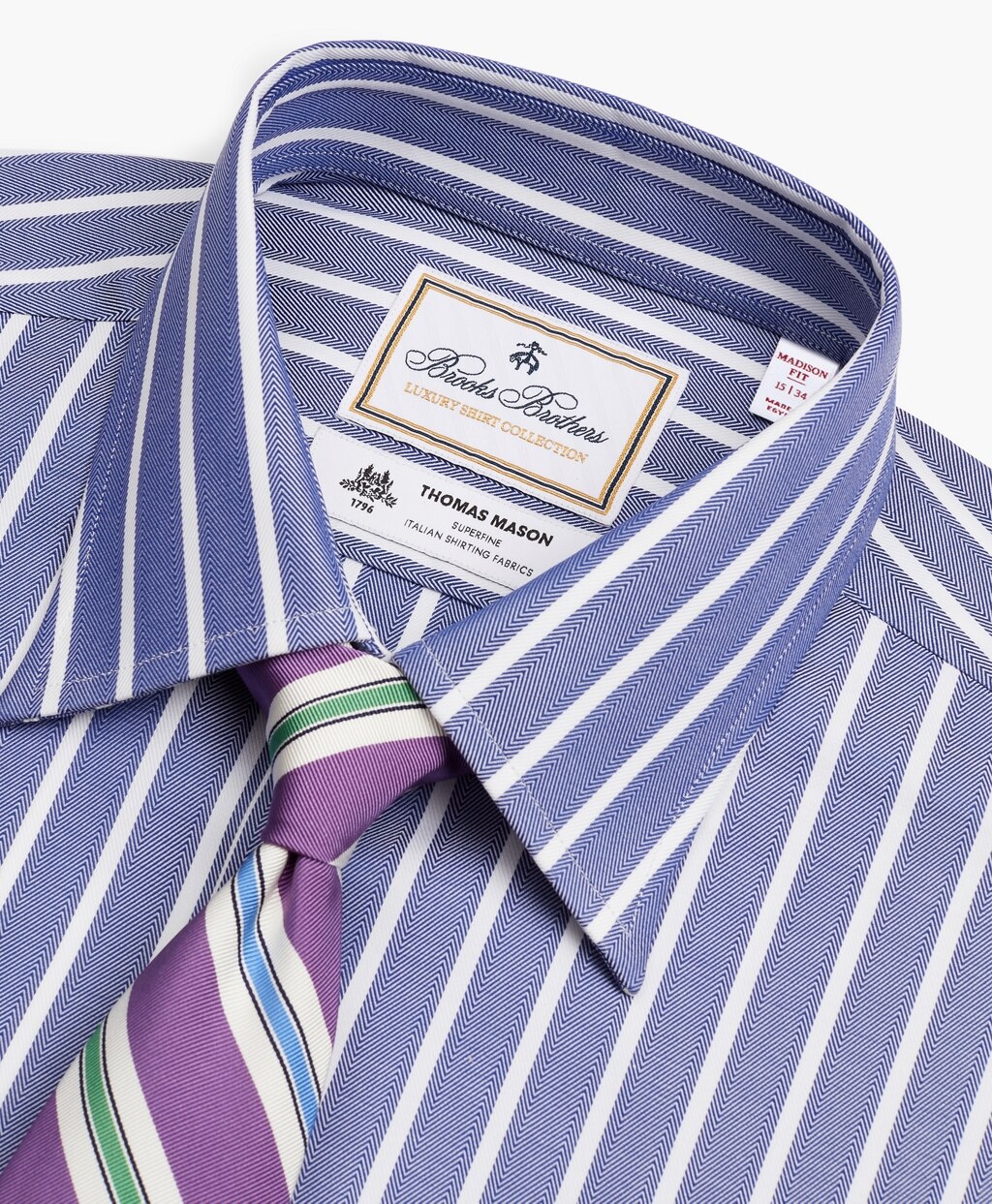 Brooks Brothers Men Luxury Collection Madison Classic-Fit Dress Shirt, Franklin Spread Collar Herringbone Wide Stripe