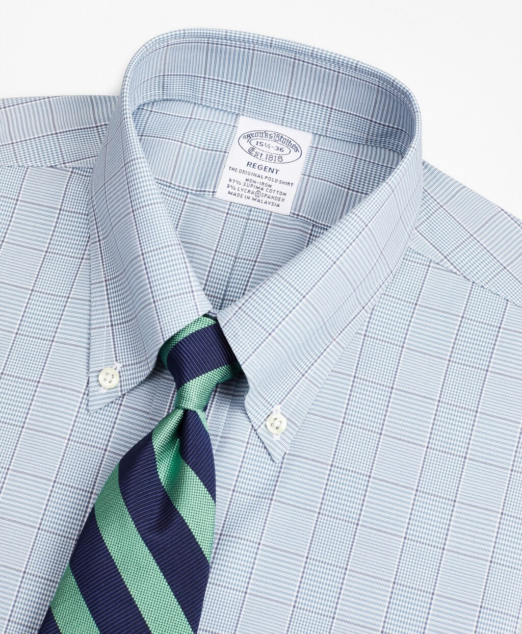 Brooks Brothers Men Stretch Regent Fitted Dress Shirt, Non-Iron Pinpoint Button-Down Collar Glen Plaid