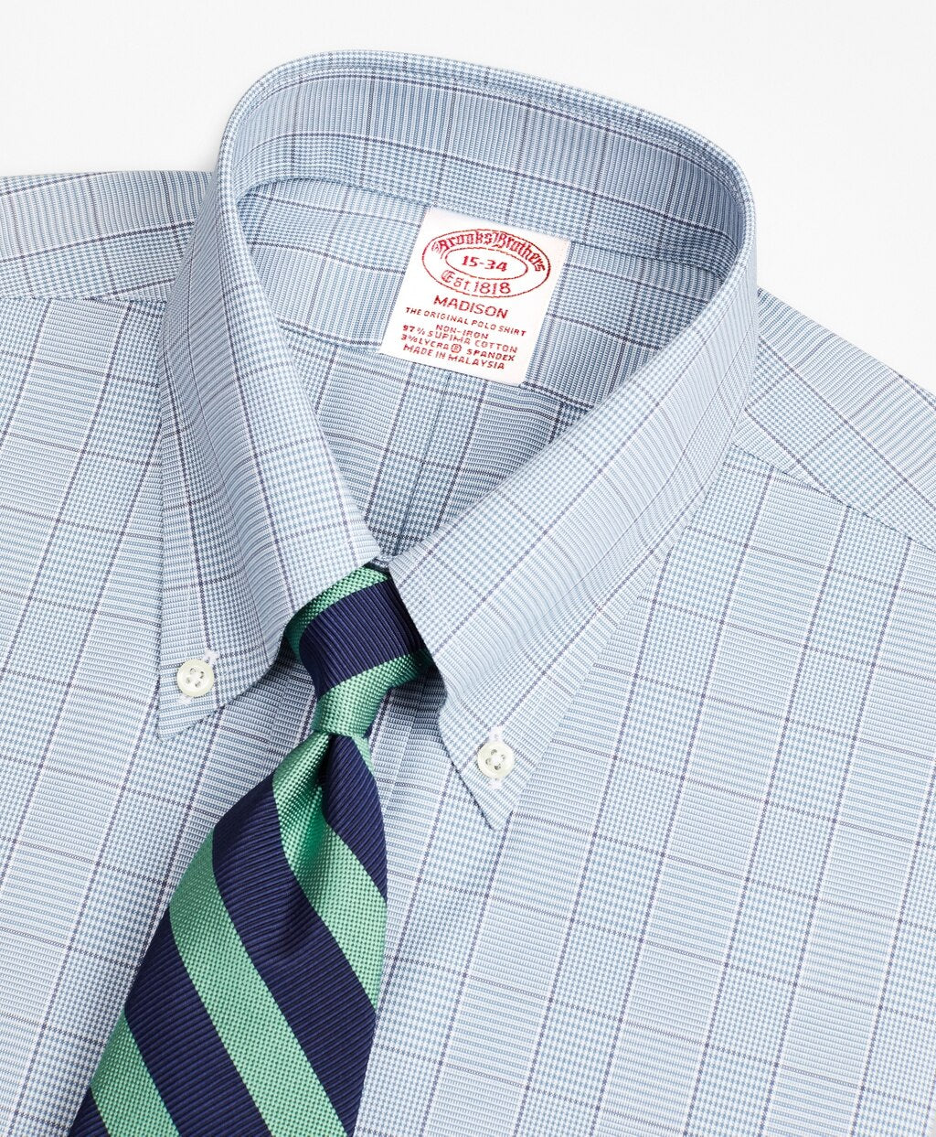 Brooks Brothers Men Stretch Madison Classic-Fit Dress Shirt, Non-Iron Pinpoint Button-Down Collar Glen Plaid