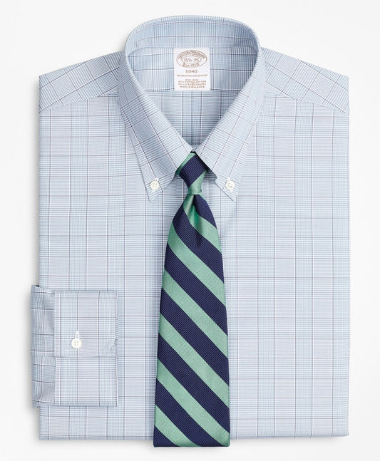 Brooks Brothers Men Stretch Soho Extra-Slim-Fit Dress Shirt, Non-Iron Pinpoint Button-Down Collar Glen Plaid