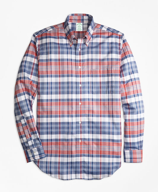 Brooks Brothers Men Milano Fit Oxford Madras Plaid Sport Shirt
