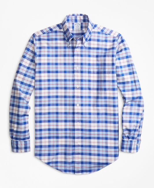 Brooks Brothers Men Regent Fit Oxford Blue and Red Plaid Sport Shirt