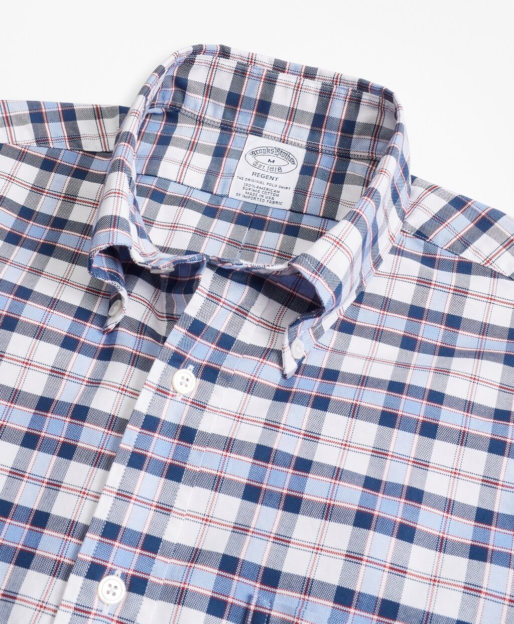 Brooks Brothers Men Regent Fit Oxford Blue and Red Plaid Sport Shirt