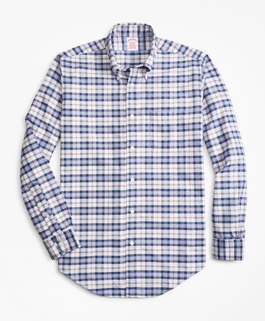 Brooks Brothers Men Madison Fit Oxford Blue and Red Plaid Sport Shirt