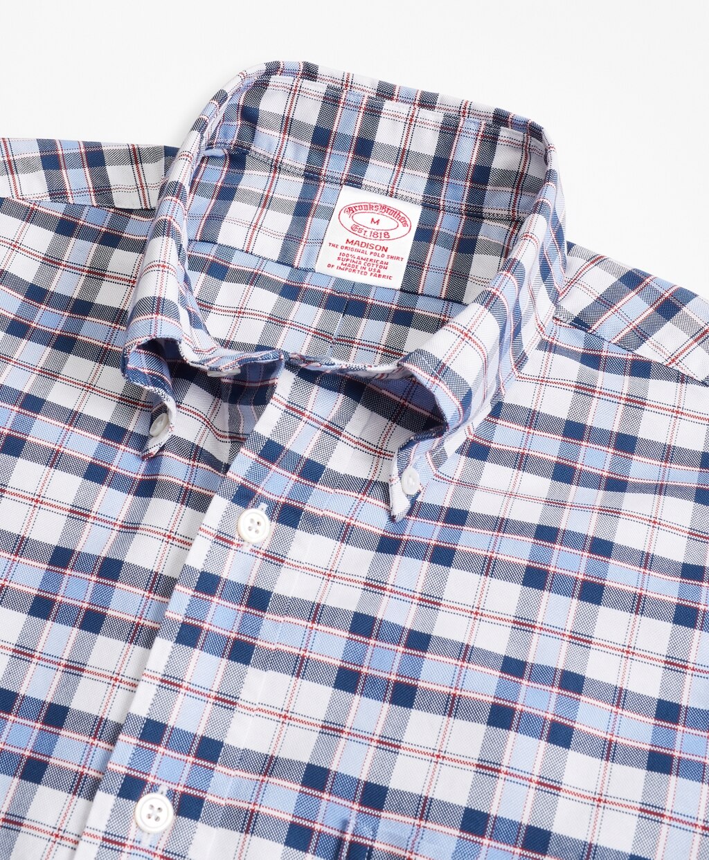 Brooks Brothers Men Madison Fit Oxford Blue and Red Plaid Sport Shirt