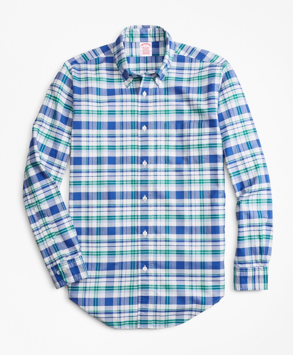 Brooks Brothers Men Madison Fit Oxford Blue and Green Plaid Sport Shirt