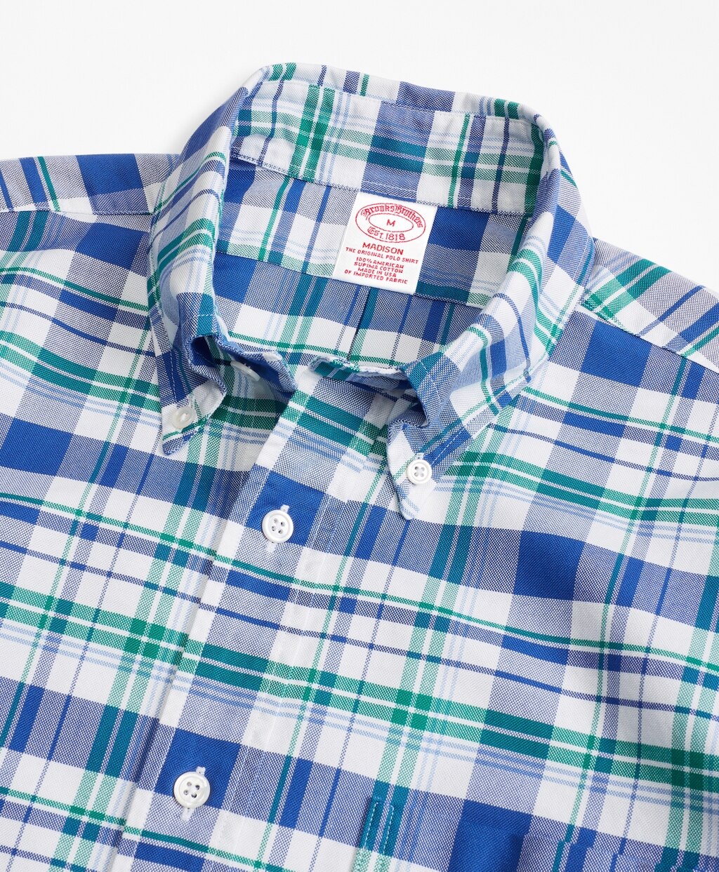Brooks Brothers Men Madison Fit Oxford Blue and Green Plaid Sport Shirt