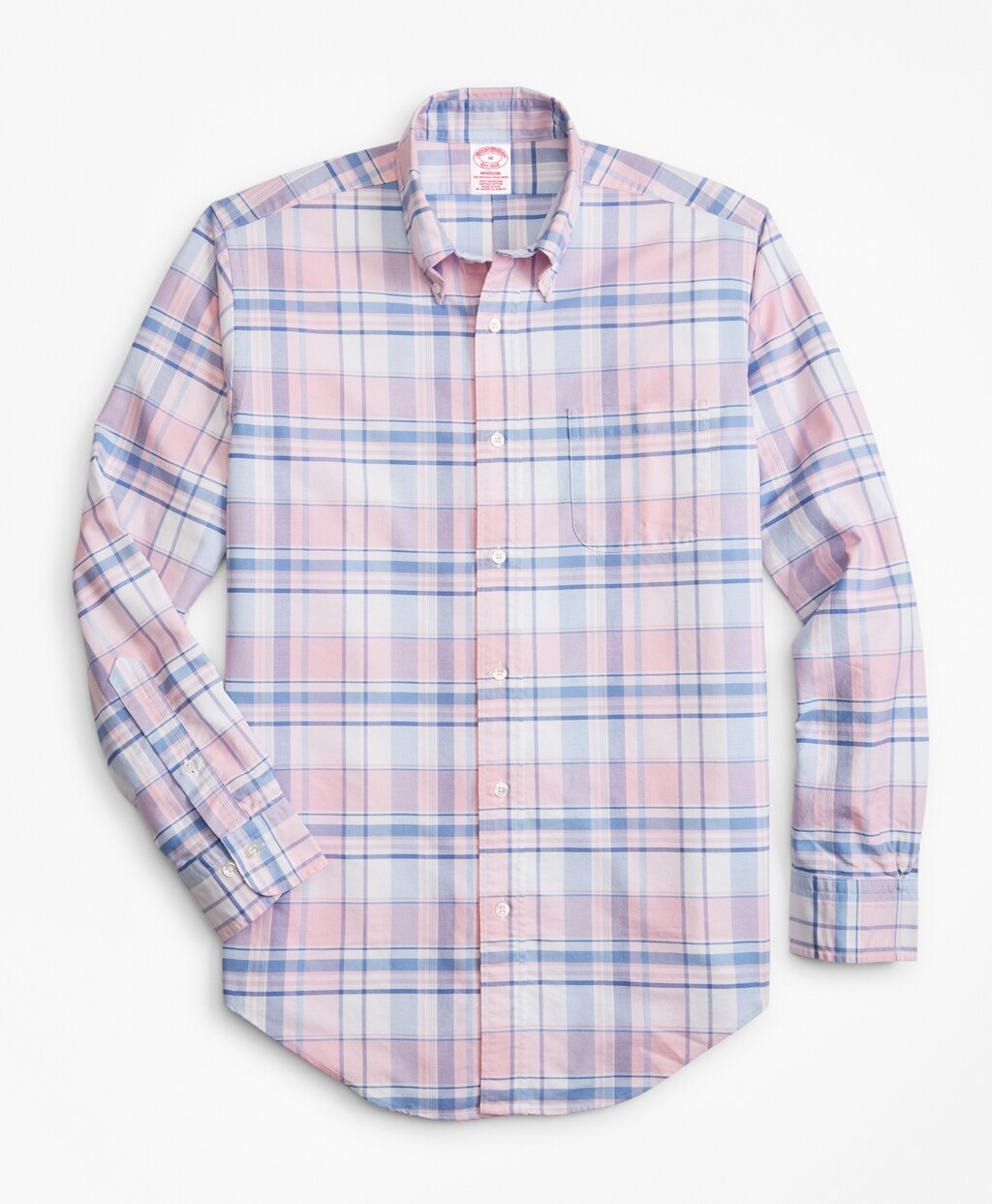 Brooks Brothers Men Madison Fit Oxford Pink and Blue Plaid Sport Shirt