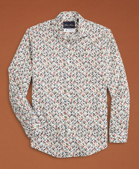 Brooks Brothers Men Golden Fleece® Regent Fit White Flower-Print Poplin Sport Shirt