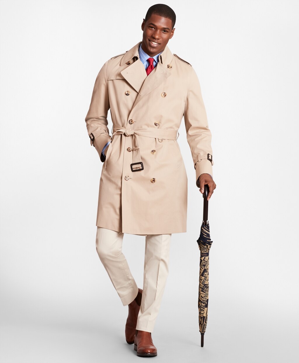 Brooks Brothers Men Double-Breasted Khaki Trench