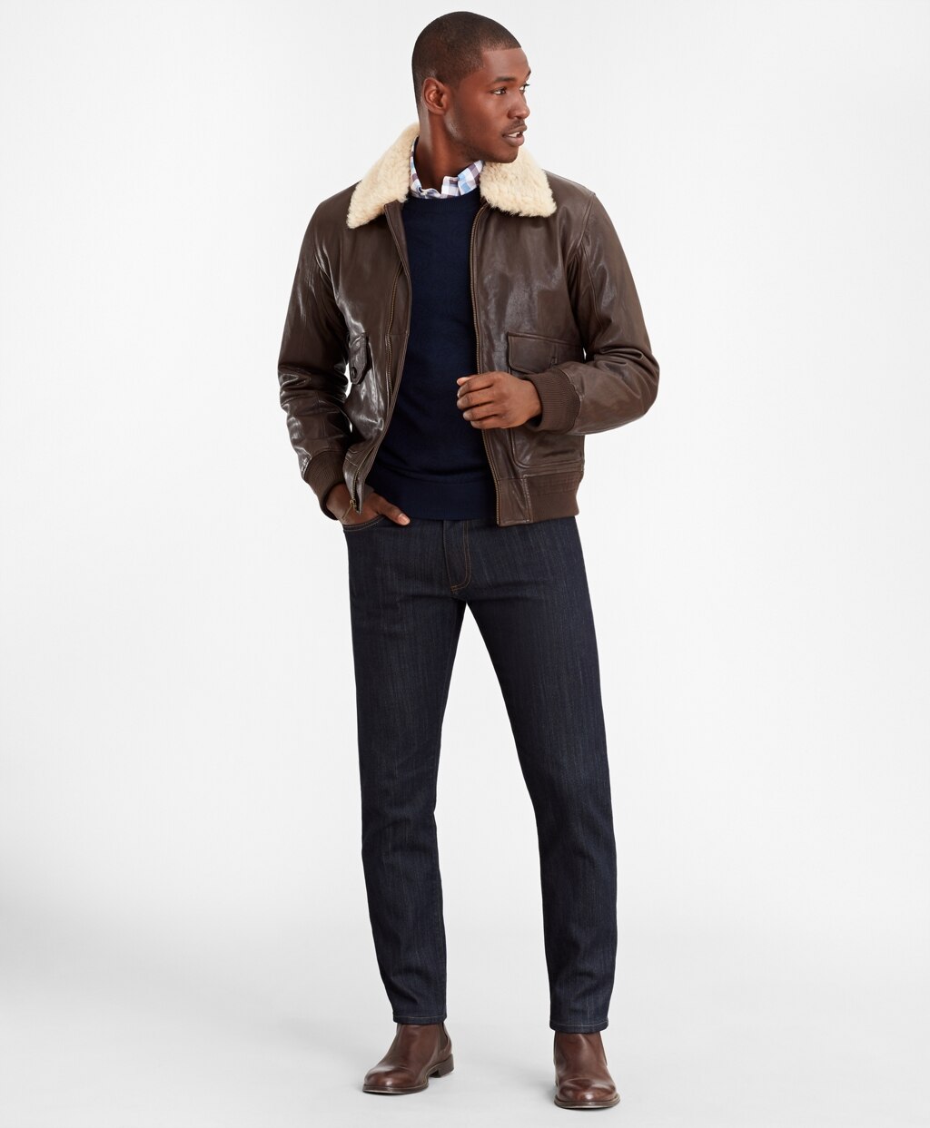 Brooks Brothers Men Leather Aviator Jacket
