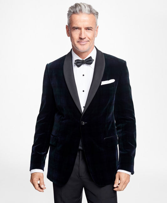 Brooks Brothers Men Regent Fit Black Watch Shawl Collar Tuxedo Jacket