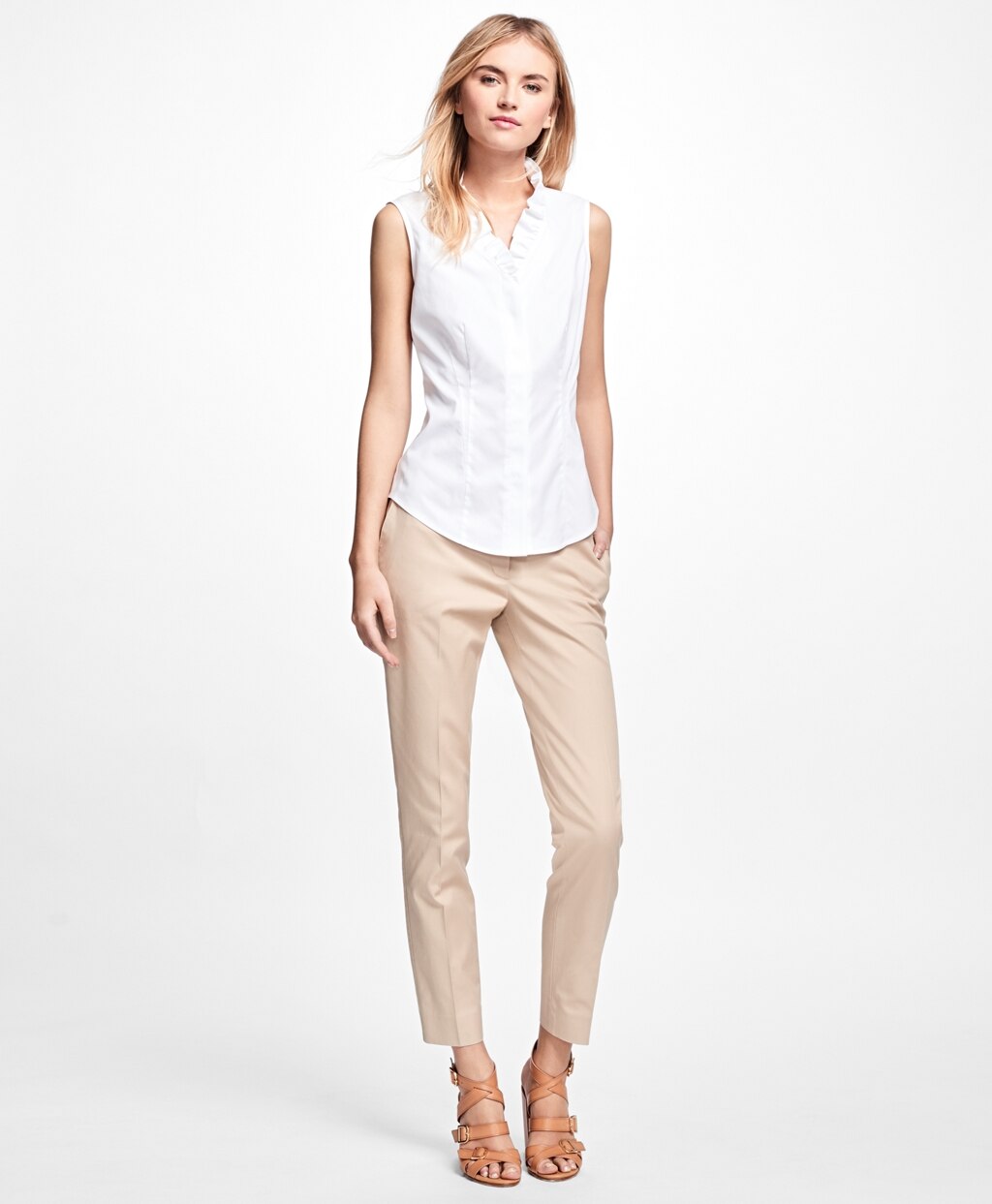 Brooks Brothers Women Petite Non-Iron Sleeveless Ruffled Blouse
