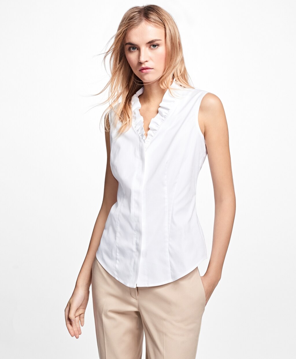 Brooks Brothers Women Petite Non-Iron Sleeveless Ruffled Blouse