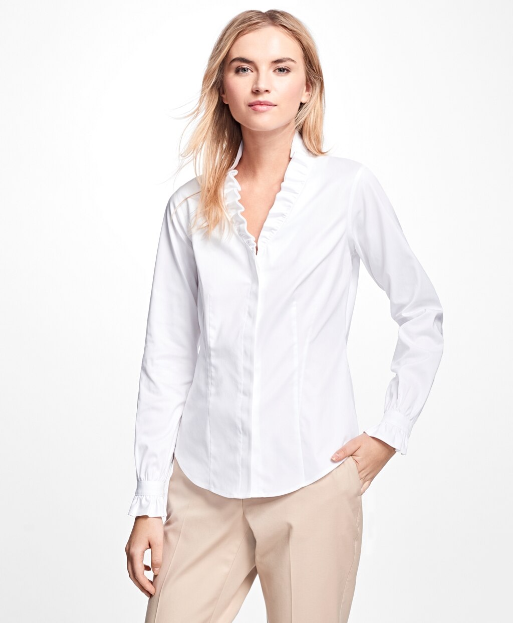 Brooks Brothers Women Petite Non-Iron Ruffle Pinpoint Oxford Dress Shirt