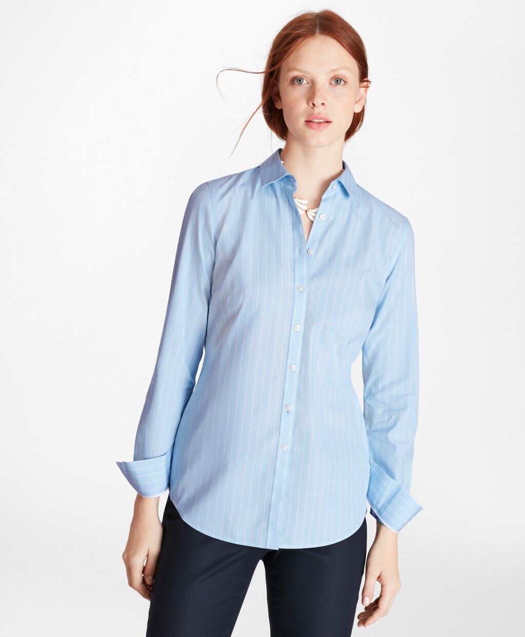 Brooks Brothers Women Petite Non-Iron Wide-Striped Stretch-Cotton Poplin Fitted Shirt