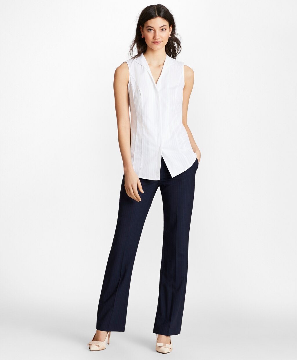 Brooks Brothers Women Petite Diamond-Stripe Dobby Cotton Sleeveless Blouse