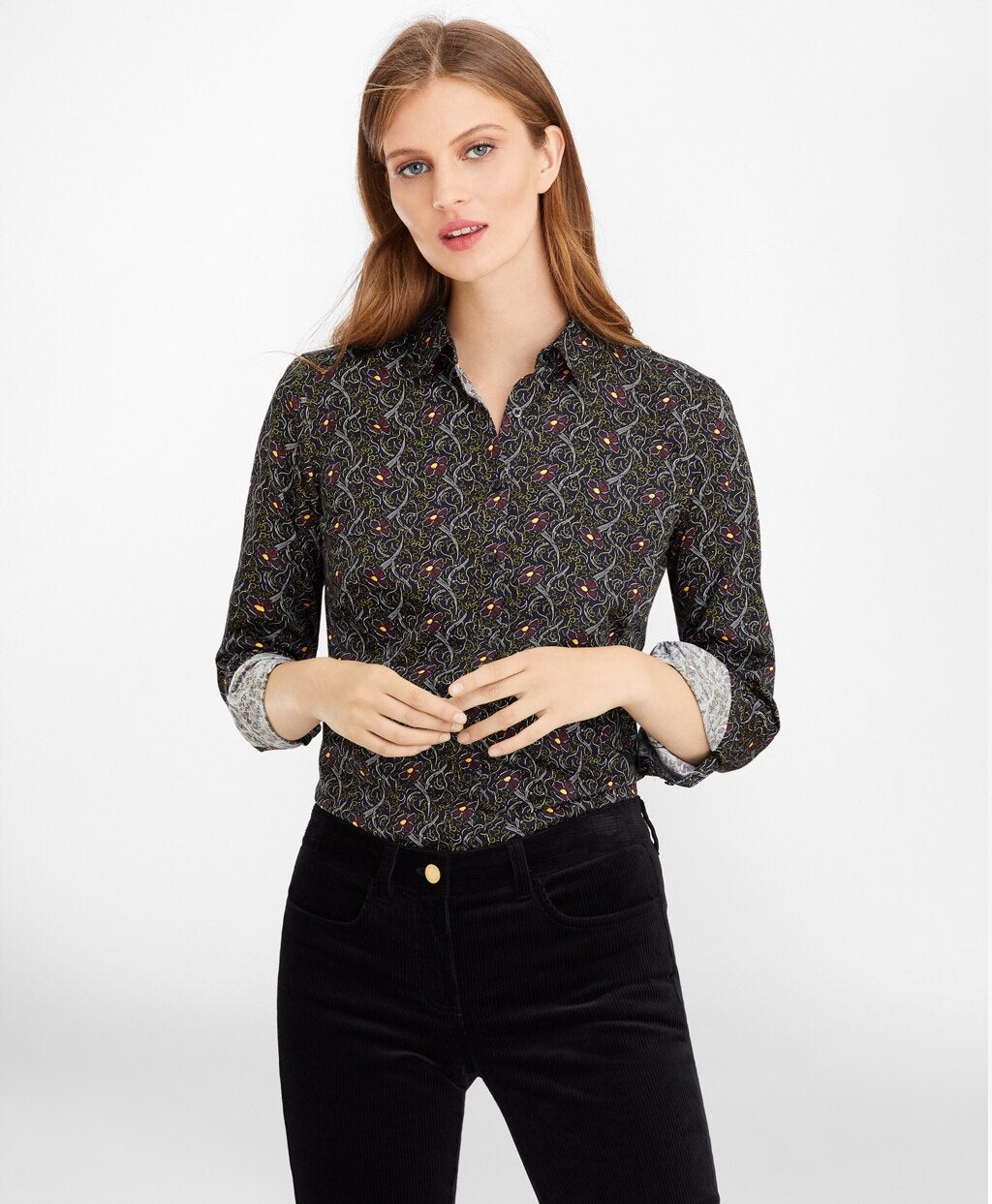 Brooks Brothers Women Petite Violet-Print Cotton Sateen Fitted Shirt