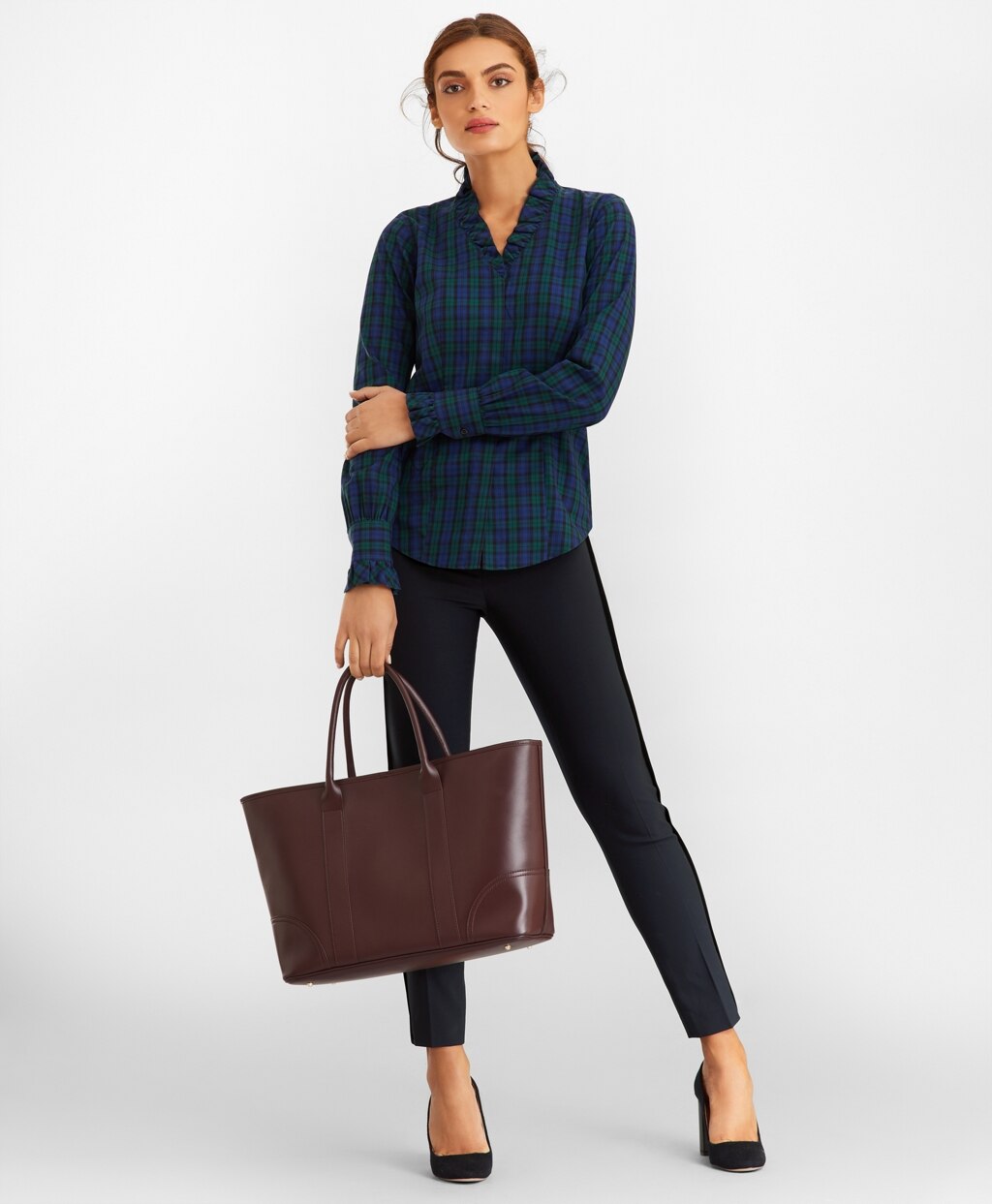 Brooks Brothers Women Petite Non-Iron Black Watch Tartan Supima® Cotton-Blend Ruffle-Collar Blouse